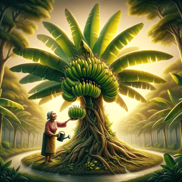 A sweeping view of a lush banana grove at sunset, with an elder woman tending to the trees, embodying the wisdom and unity from Philippine folklore.
