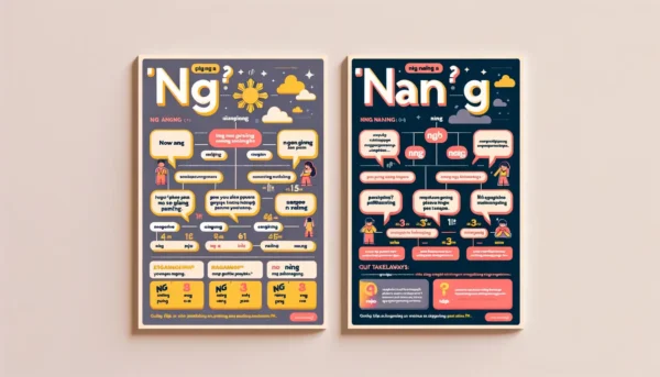 Infographic comparing the use of 'Ng' and 'Nang' in Filipino, with example sentences and key usage tips.